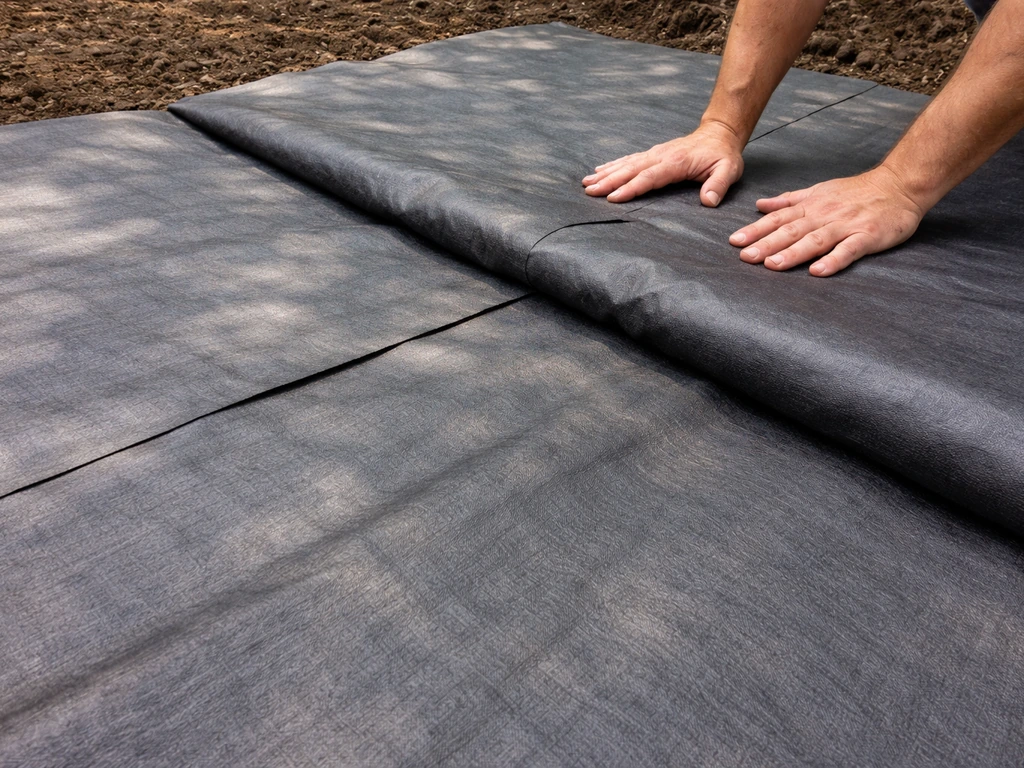 Geotextile fabric overlapped on a graded subgrade, ready for gravel base installation.