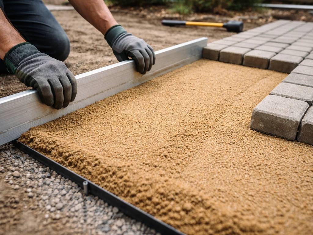 Contractor screeding coarse bedding sand and setting pavers on a compacted gravel base