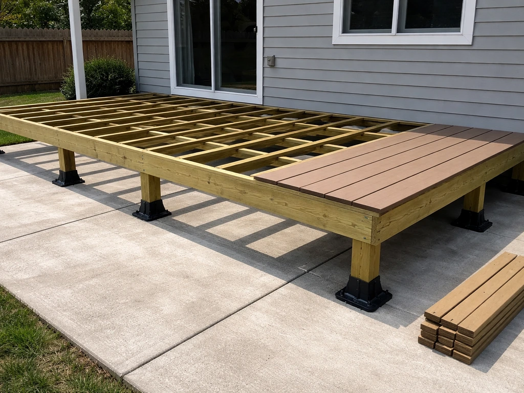 Partially built elevated deck above an existing patio, showing framing and support pedestals