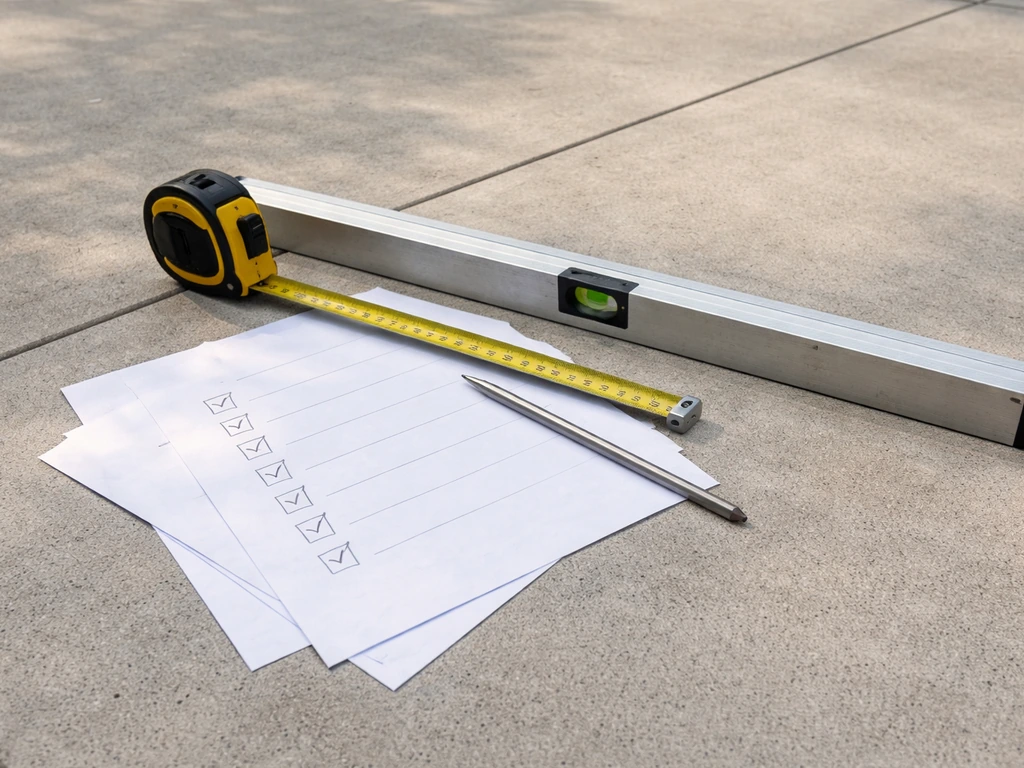 Tools and handwritten checklist notes on a patio surface, including measuring tape and level for feasibility checks.