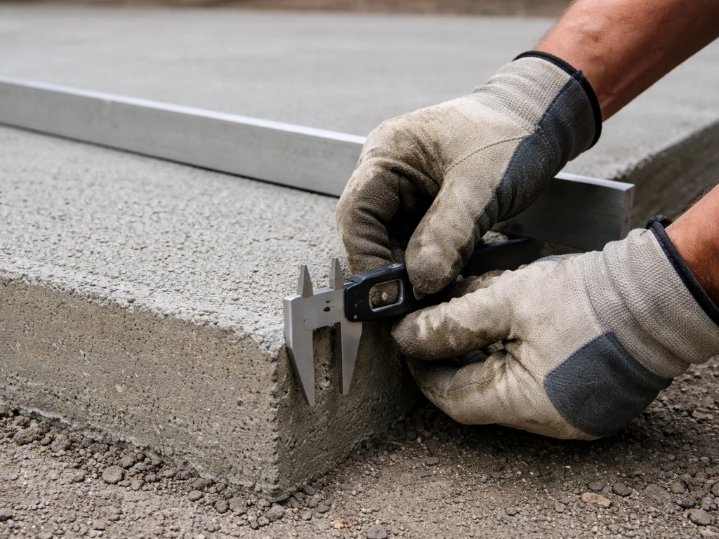 Gloved hands using calipers and a straightedge to check thickness and flatness of a concrete slab.