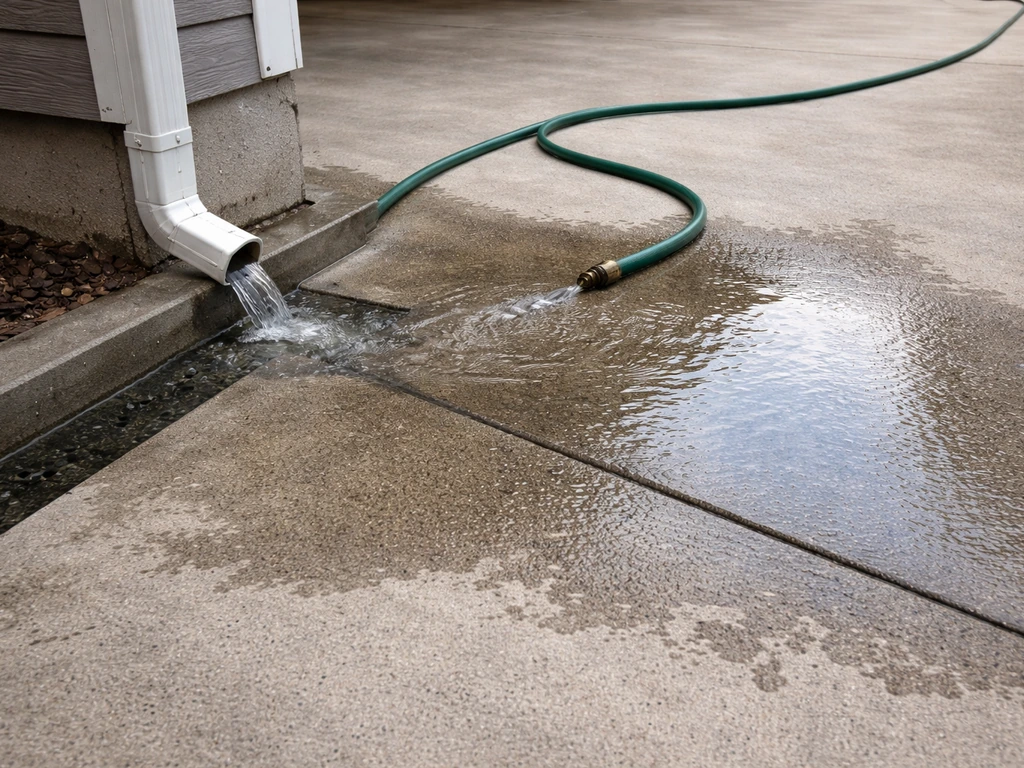 Patio drainage test showing runoff from a downspout and slight pooling on a concrete surface.
