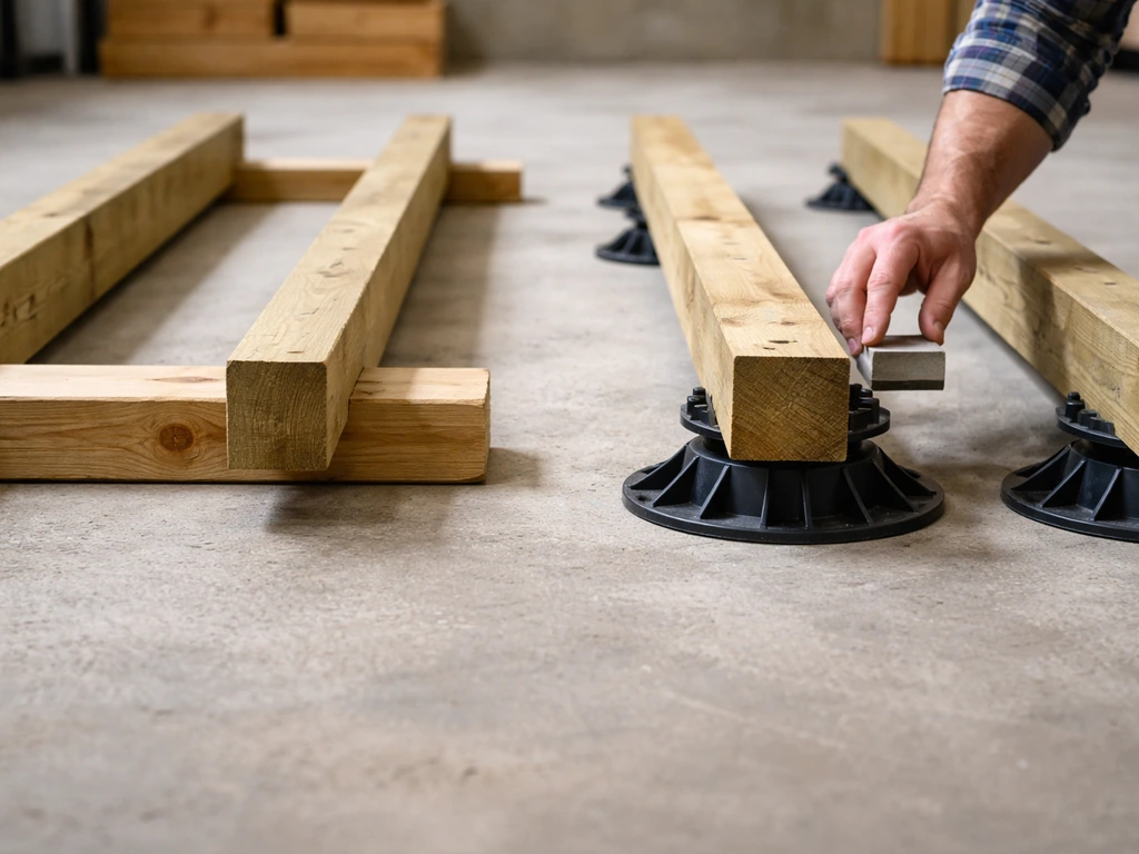 Side-by-side deck support options: sleepers on concrete vs adjustable pedestal bases under joists.