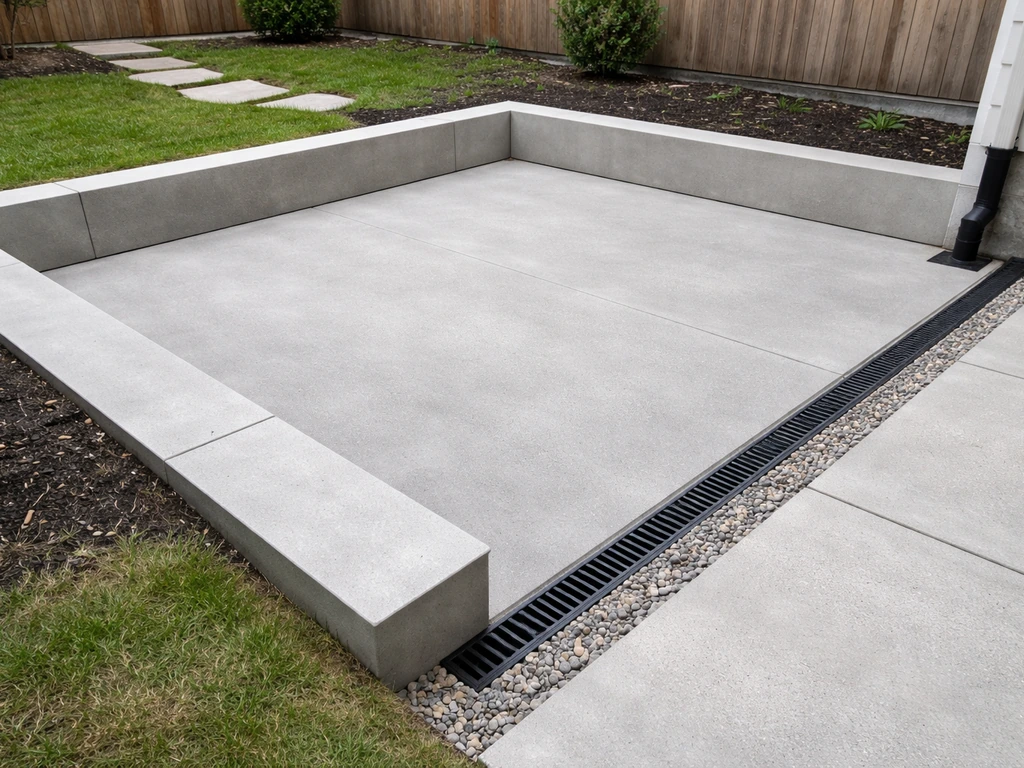 Wide view of a completed sunken concrete patio with recessed floor and visible edge drainage detail.