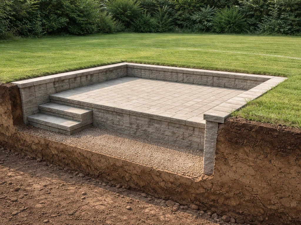 Minimal cross-section-style photo-illustration of a recessed patio with retaining walls and finished floor level
