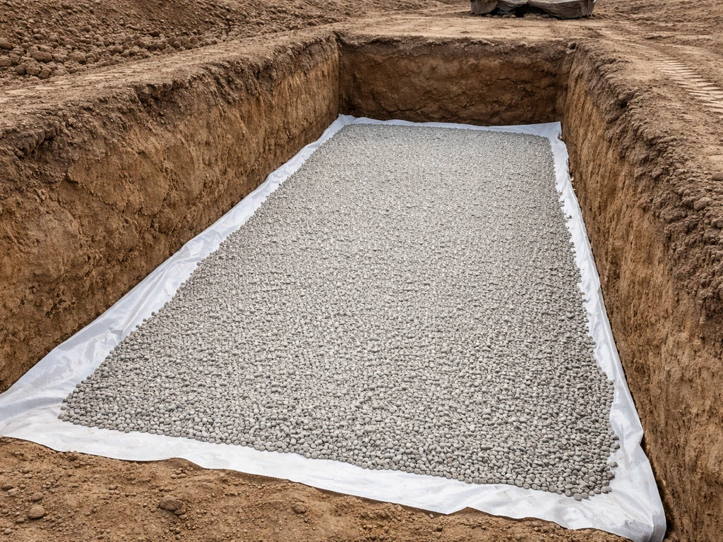 Excavated foundation trench with geotextile laid and compacted crushed stone base spread evenly.