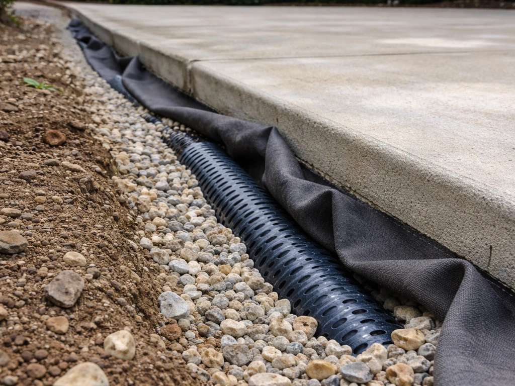 Close-up of a perimeter gravel trench with geotextile and drain pipe beside a concrete patio edge.