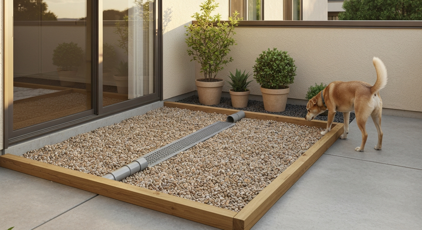 Patio corner showing a gravel-and-drain dog potty box with drain outlet and a dog nearby.