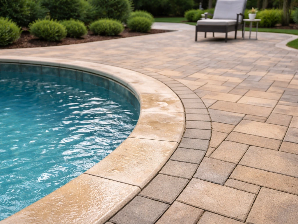 Bright finished pool edge smoothly transitions into a newly built patio with pavers and greenery.