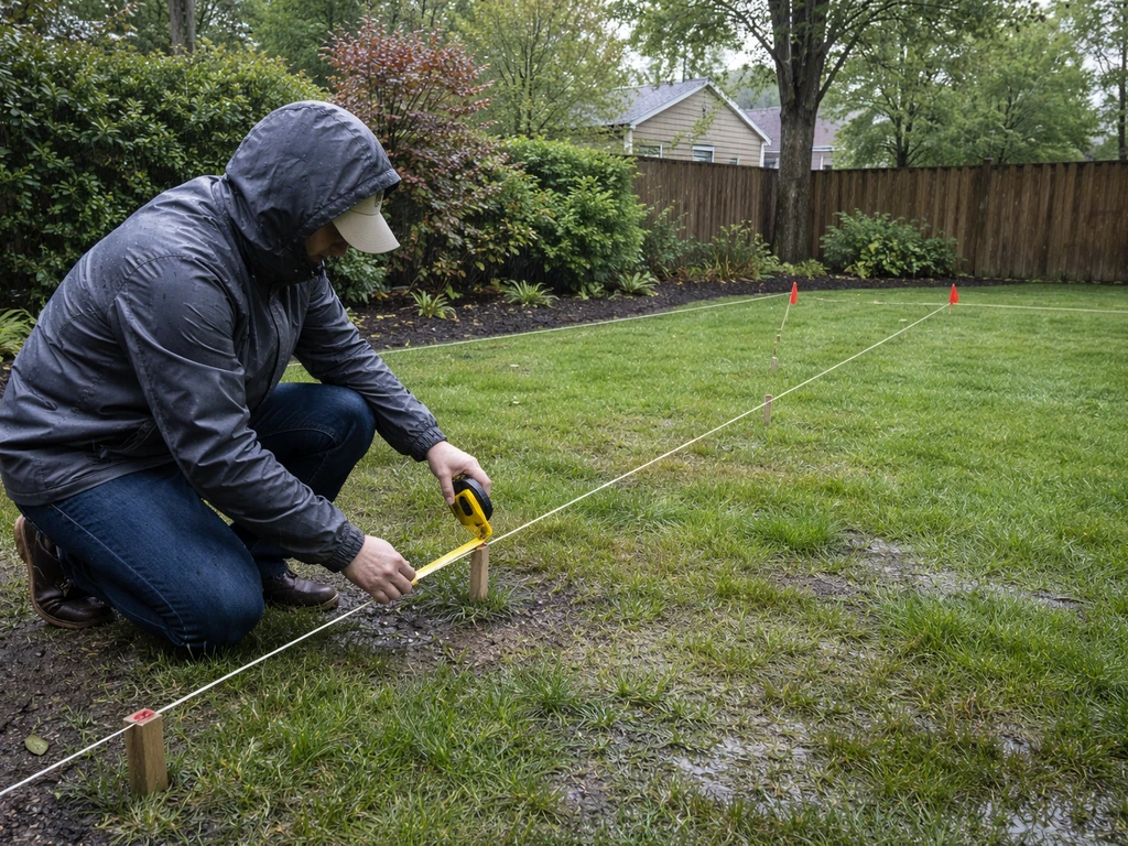 Anonymous DIYer kneeling in rainy backyard measuring and string-marking pool/patio layout drainage.