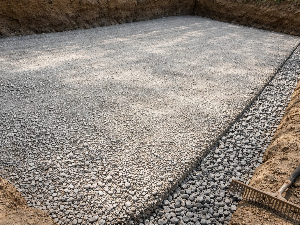 Close-up of compacted graded patio subbase with drainage gravel layers ready for a stable pool deck foundation