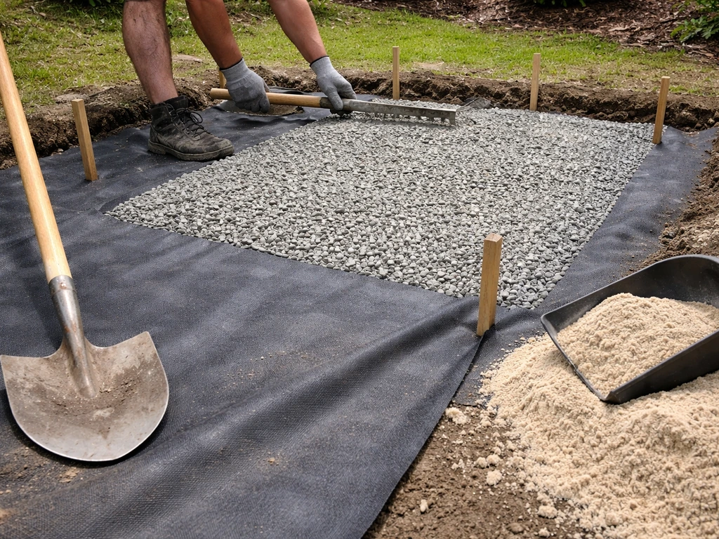 Close-up of geotextile laid over subgrade with compacted aggregate base and bedding sand staged for paver patio.