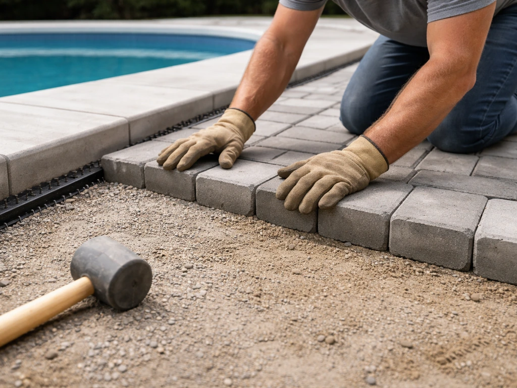 Contractor installing concrete pavers along an edge restraint beside a pool, maintaining drainage slope.