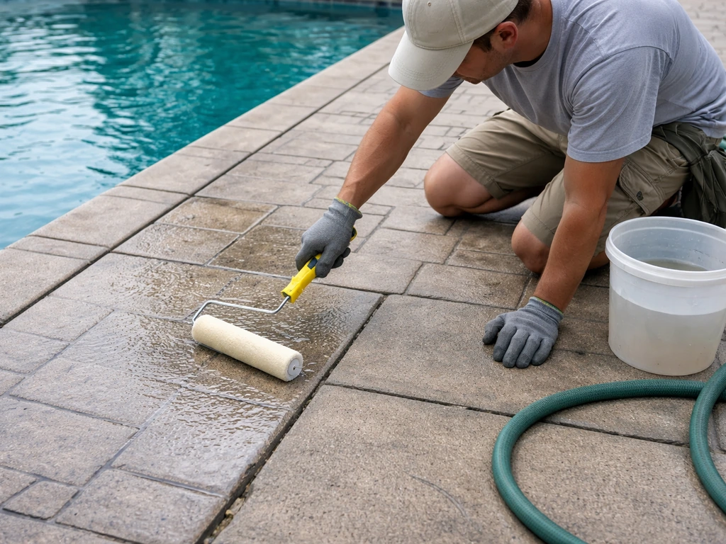 Worker applies sealer to a pool patio concrete surface and checks joints near drainage