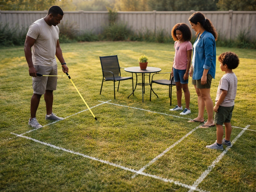 Family measures and marks a backyard patio seating area with a tape measure and chalk lines.