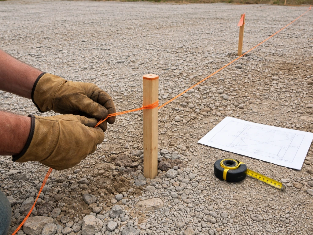 Construction site worker uses orange string line and survey stakes to mark property setbacks near a plan sheet.