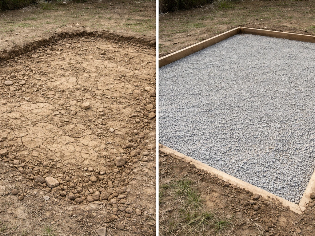 Split-view of two simple ground-prep scenes: clay soil prone to shifting and a well-prepped compacted gravel base