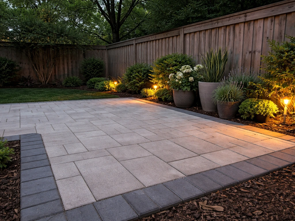 Inviting paver patio with neatly edged lines, layered container plants, and warm evening outdoor lighting.