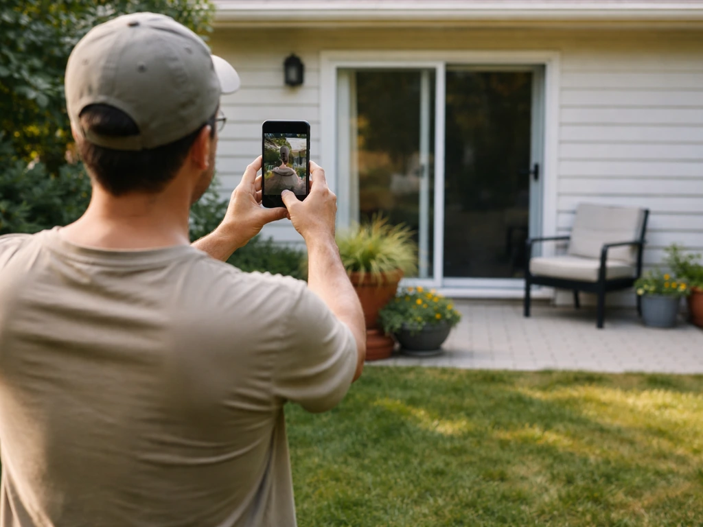 Homeowner taking a candid “before” photo of their patio from the yard/back door using a smartphone
