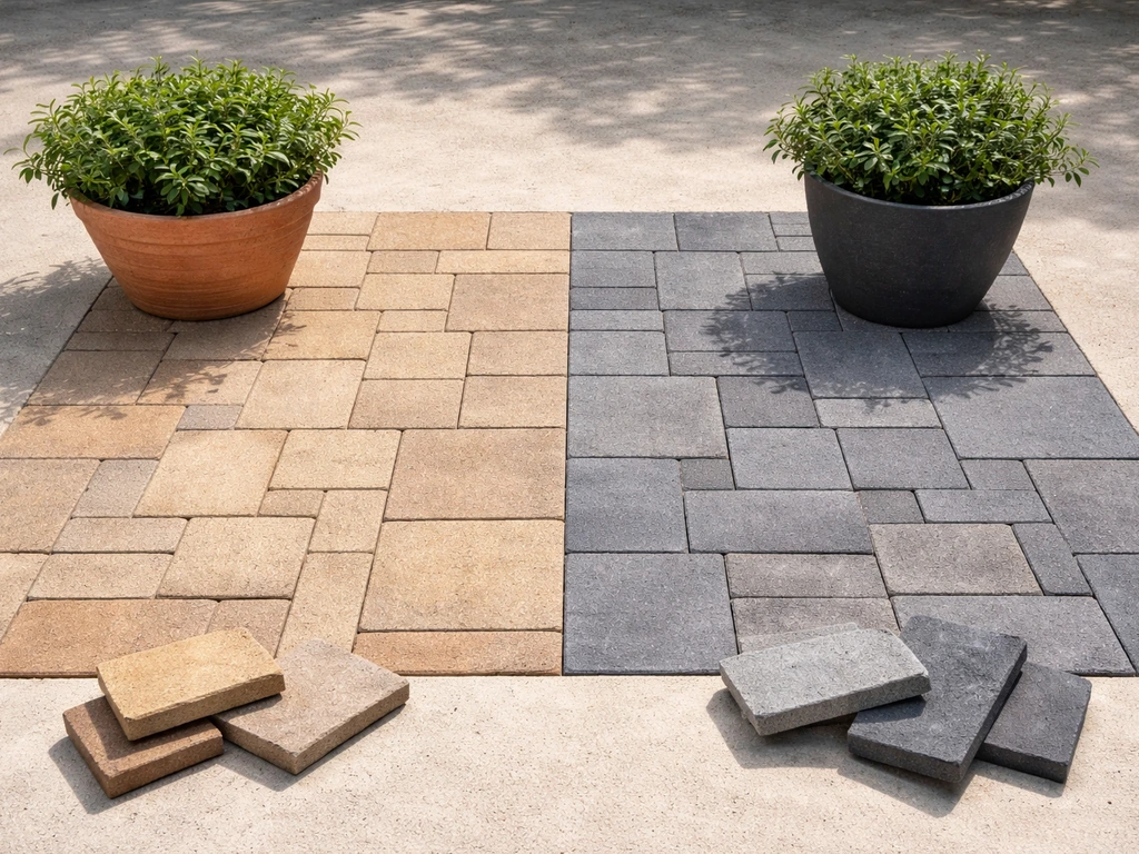 Warm beige vs cool gray-blue paver samples with matching terracotta and charcoal planters on a patio.