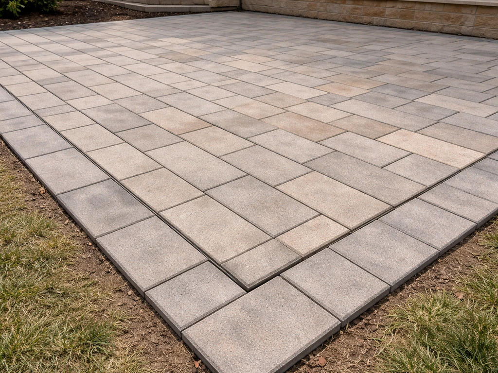 Close-up of a clean patio paver surface with crisp straight edges and an even running-bond pattern.