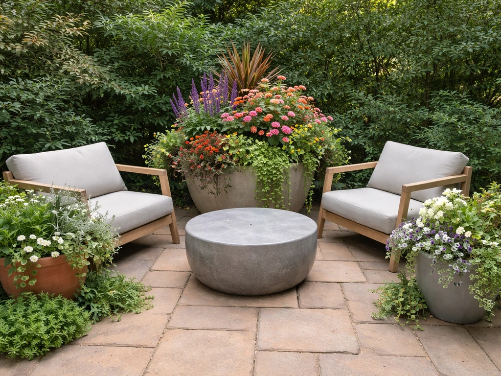 Layered patio planting with a tall focal plant, trailing greenery, and container groupings around seating.