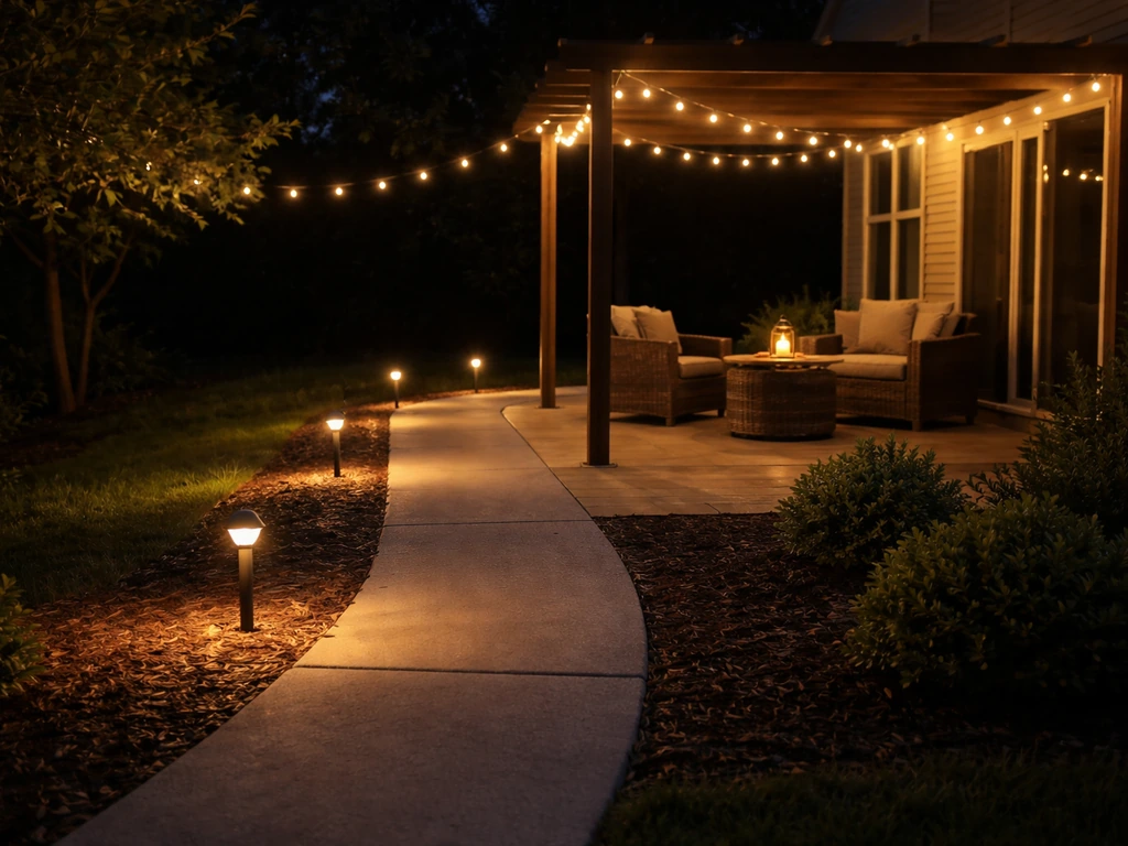 Warm string lights and low-voltage path lights softly illuminating a patio walkway at night.