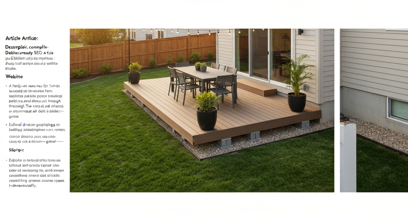 Photorealistic backyard showing a low floating patio deck installed over grass with furniture and a gravel drainage strip, illustrating a DIY deck-over-grass project.