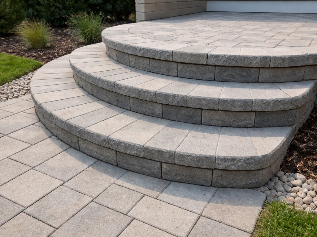 Finished semi-circle patio steps with clear curved edges and textured tread/nose detail.