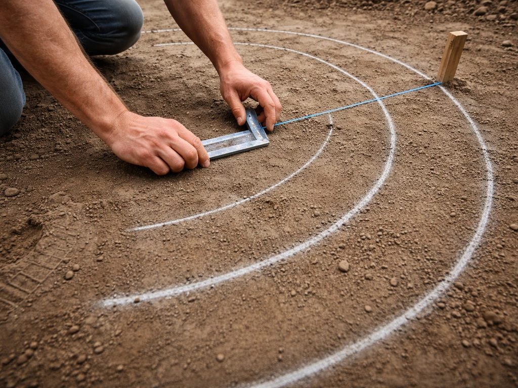 Hands trace semi-circle tread and riser build lines on bare soil with chalk and stakes.