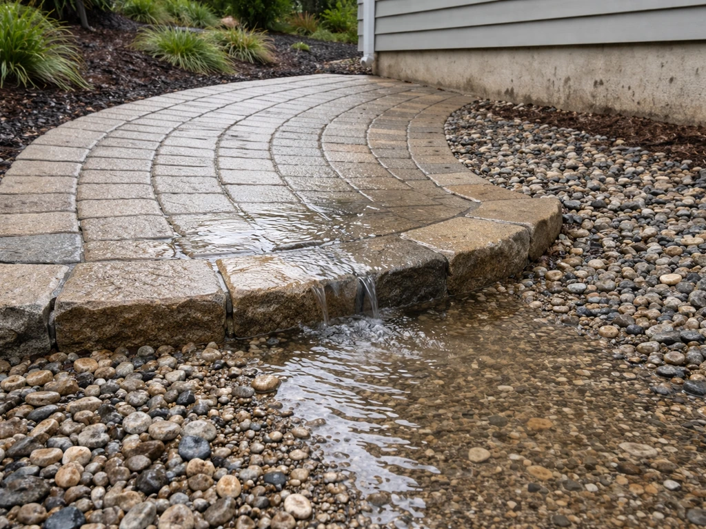 Water flows along a curved walkway toward a low point, away from a house foundation.