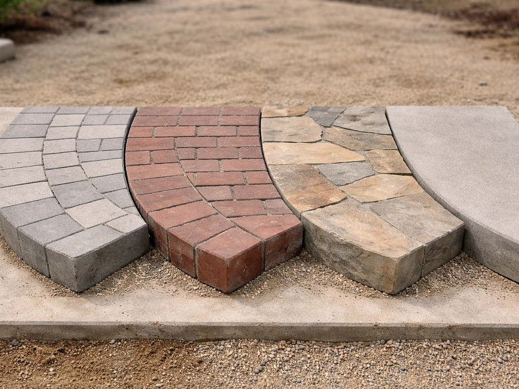 Four small curved step samples showing concrete, pavers, brick, and natural stone in separate neat sections.