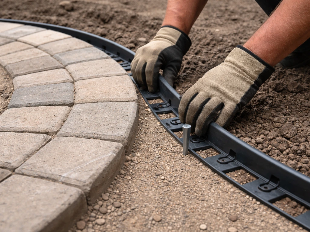 Gloved hands pressing flexible plastic edge restraint along a curved paver arc and securing anchors.