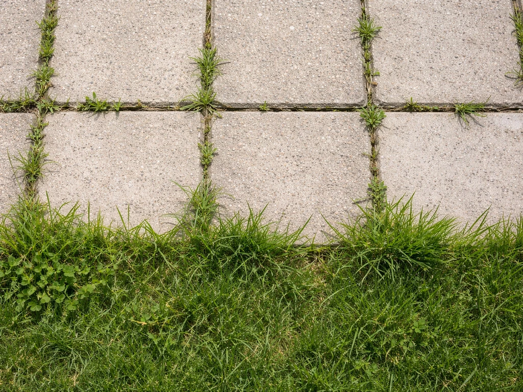 Overhead view of a patio and grass boundary showing grass creep into paver joints and an uneven edge