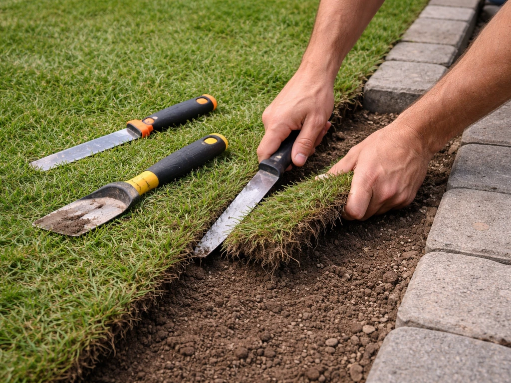 Person using a flat weeding knife to lift grass and strip soil along a garden boundary with a sod lifter nearby.