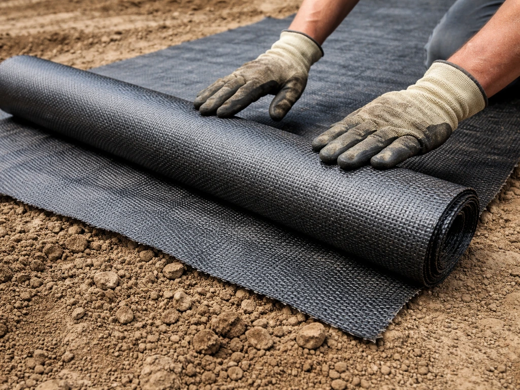 Geotextile fabric laid over excavated soil with overlapping seams before adding base material