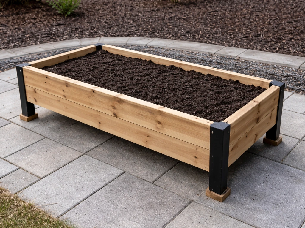 Raised vegetable bed installed on a concrete paver patio, leveled with proper drainage-ready setup.