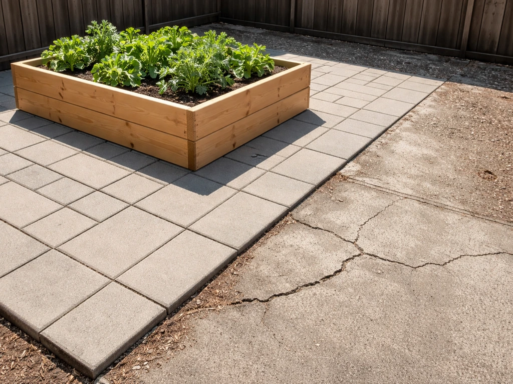 Raised garden bed on a patio with clear pavers below and a nearby cracked, uneven section