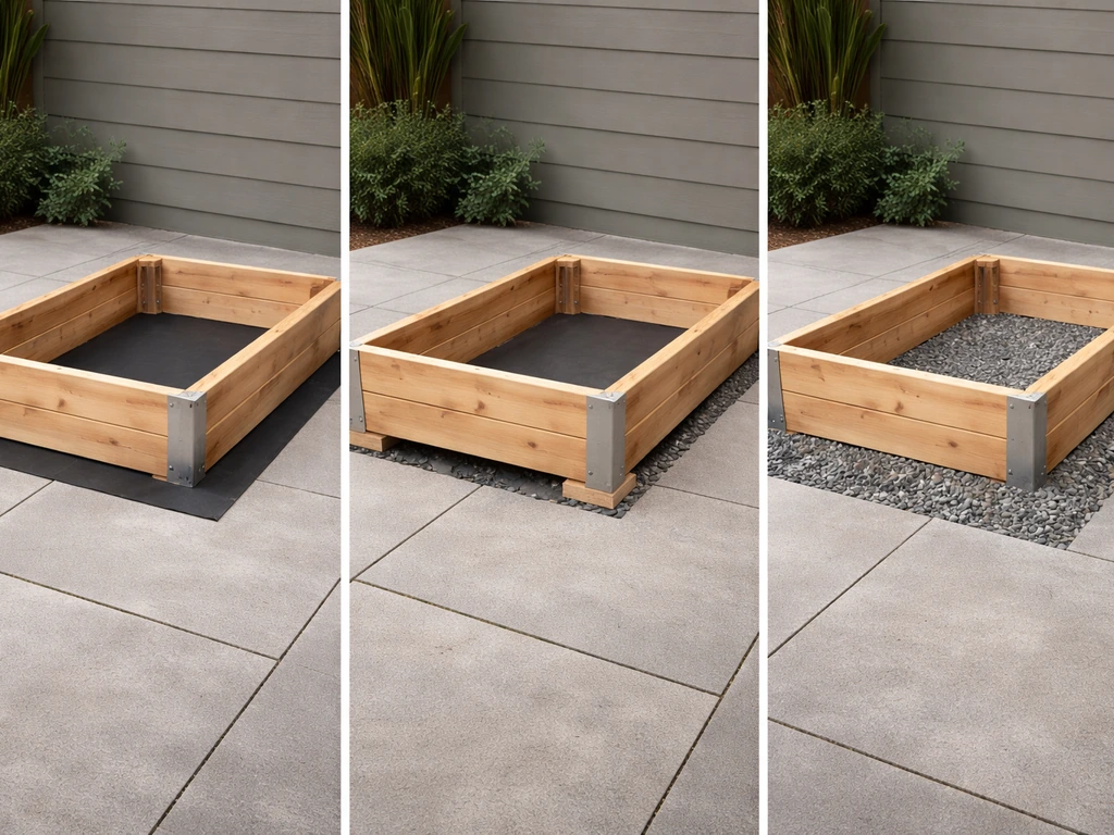 Three side-by-side patio raised-bed setups: direct placement, shim leveling, and gravel base with barrier.