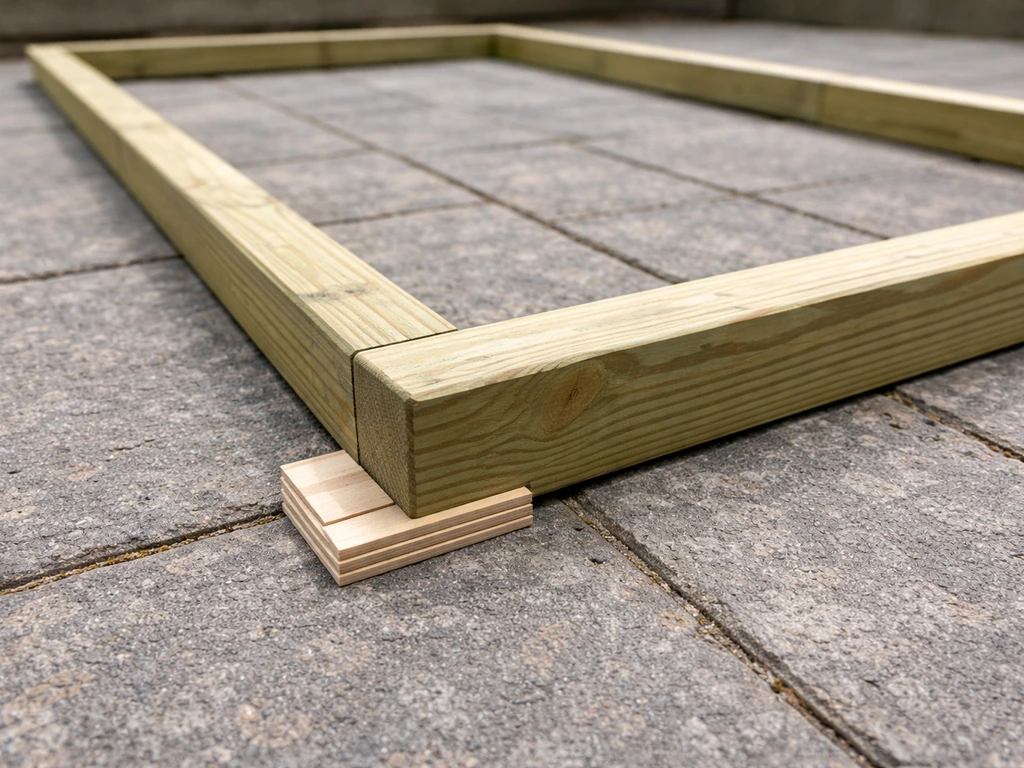 Shims under a pressure-treated 2x4 frame leveling a bed on a slightly sloped patio