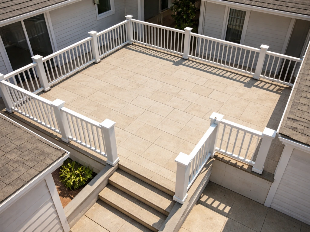 Top-down view of a completed second-floor patio in Sims FreePlay with railings, paving, and stairs access.