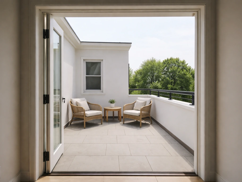 Minimal photo of an upper-level open terrace area beside a closed indoor room, showing the idea of a second-floor patio.