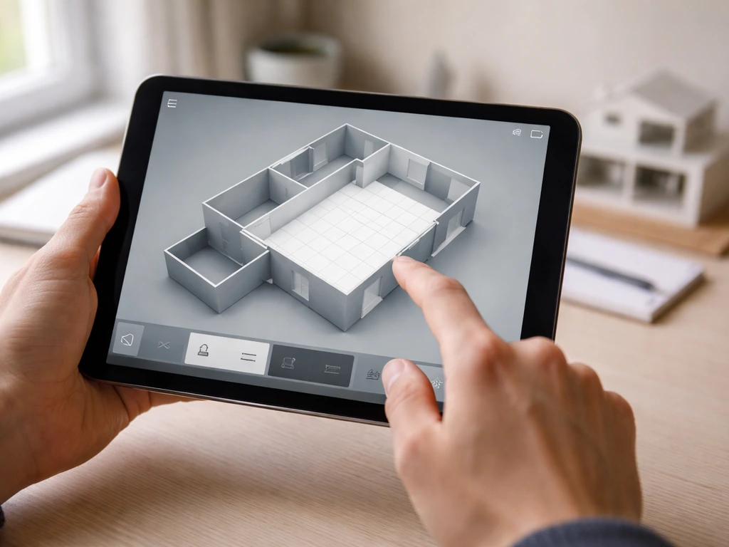 Person using a tablet in a quiet room to switch to a second floor in a home build mode.