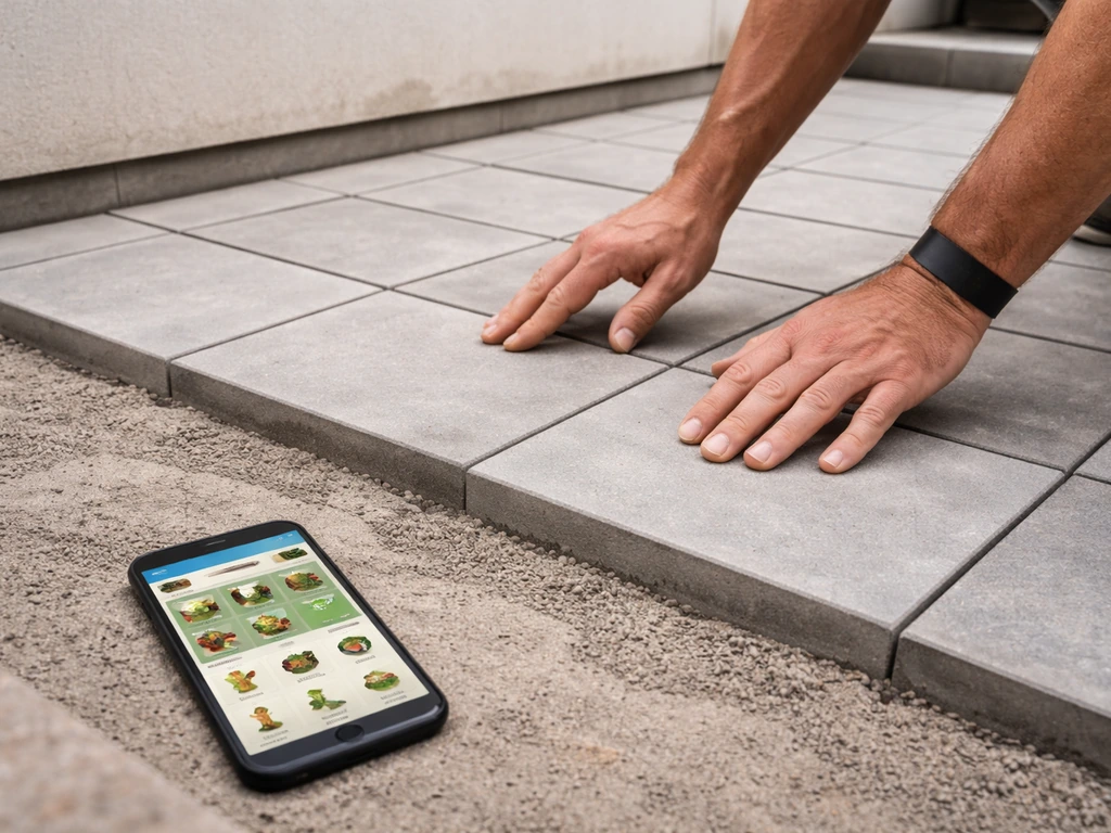 Hands laying patio paving tiles on an upper terrace while tools sit beside a phone showing an outdoor build menu
