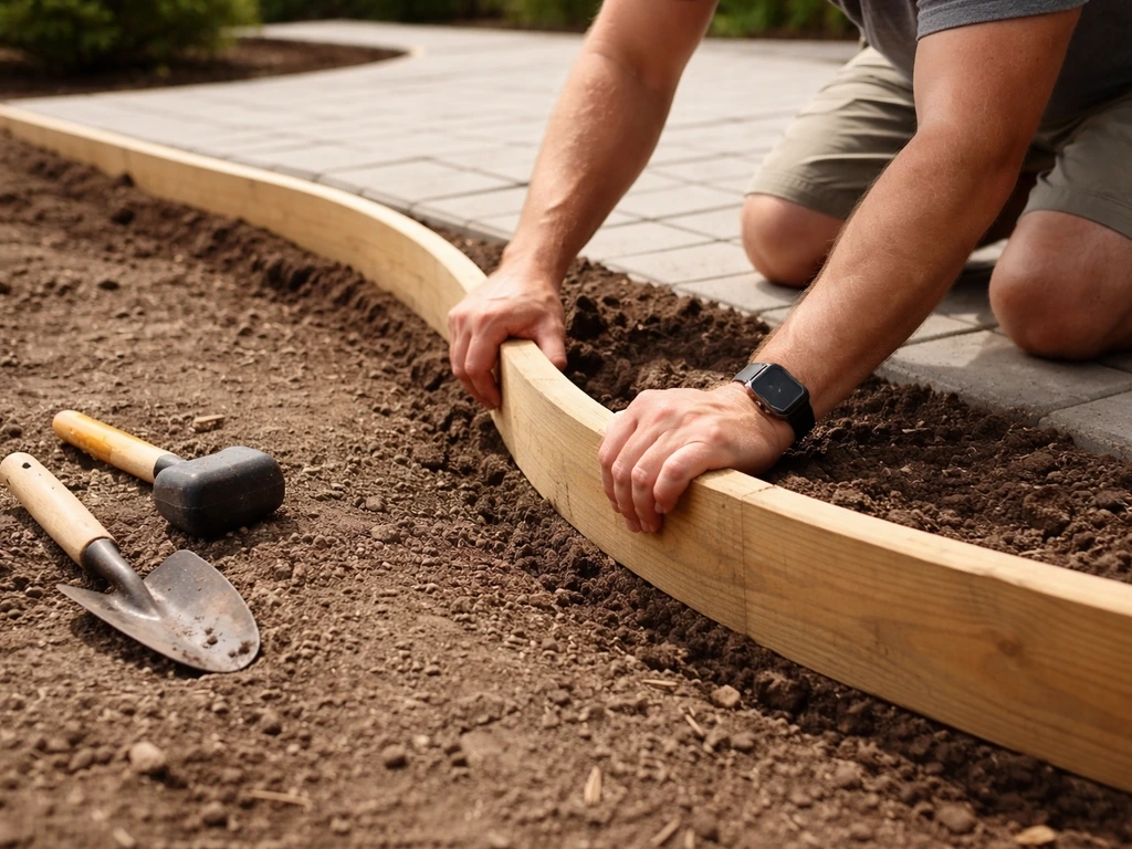 Hands installing curved wood edging along a patio perimeter, wood boards set into the ground.