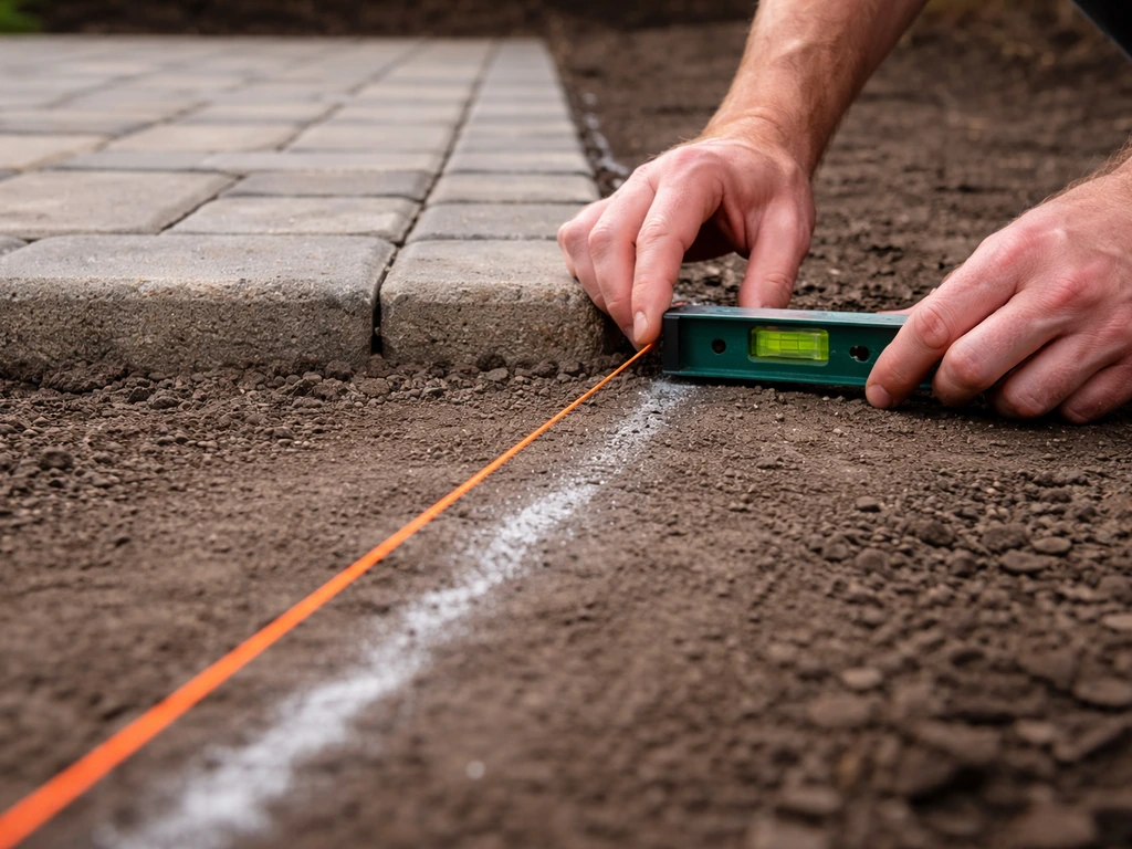 Taut string line and hand level marking a backyard patio edge along the perimeter with marking paint on ground.