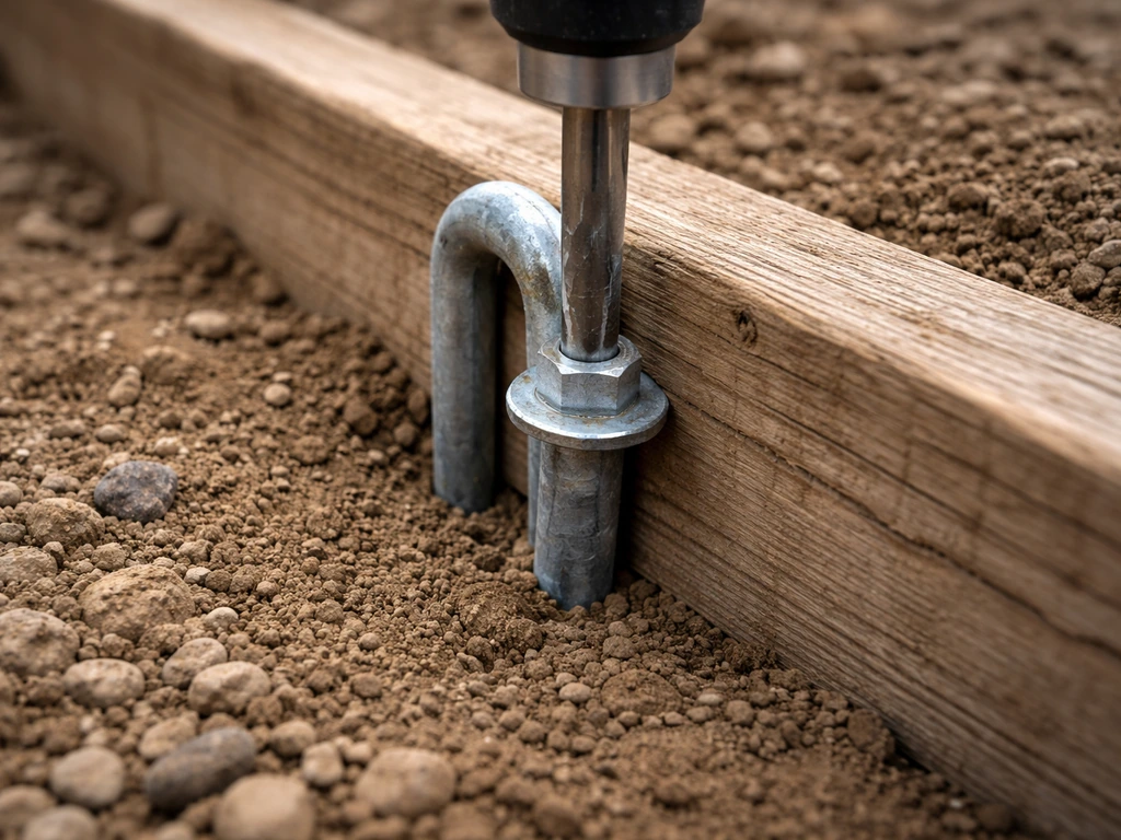 Hot-dip galvanized stake and screws being fastened through a wood edging into compacted soil in a trench.