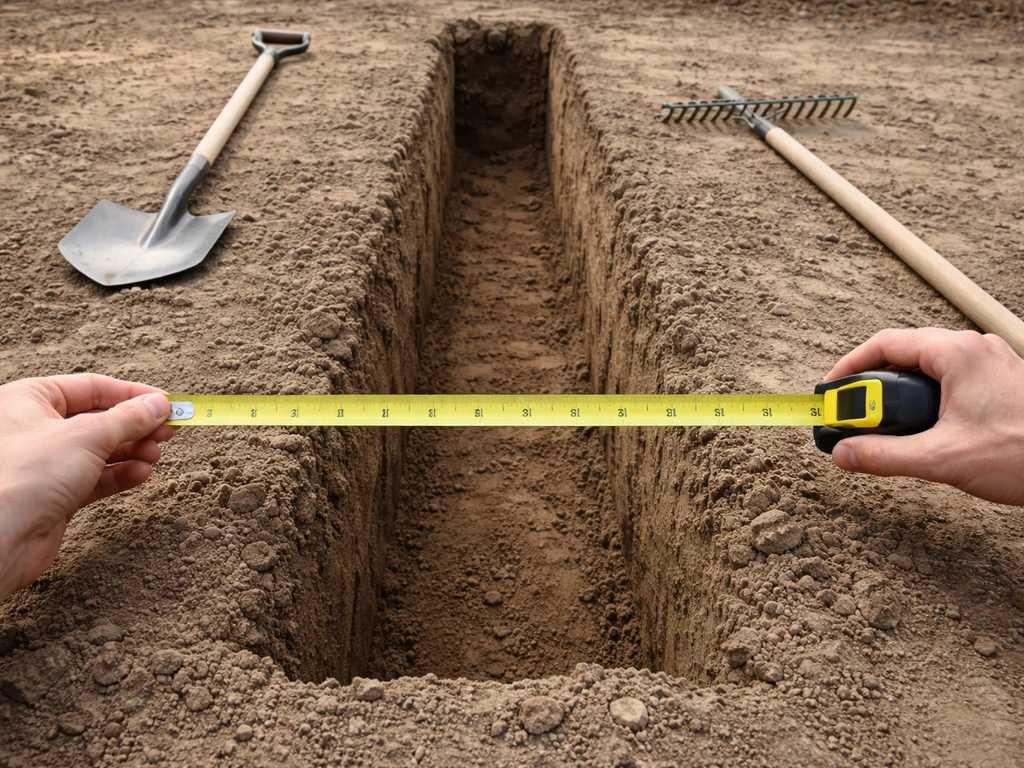 Tape measure measuring a freshly dug trench line beside a shovel and rake in a clear outdoor work area.