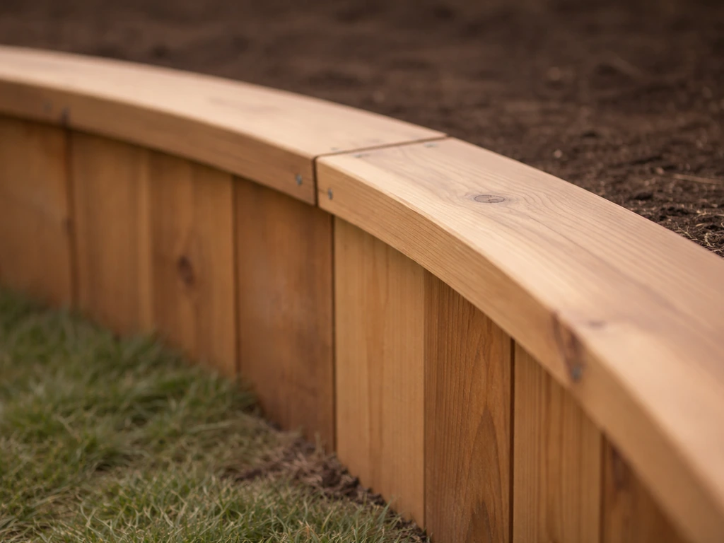 Close-up of a flat 1x6 trim board installed on top of curved wood edging for a clean top rail.
