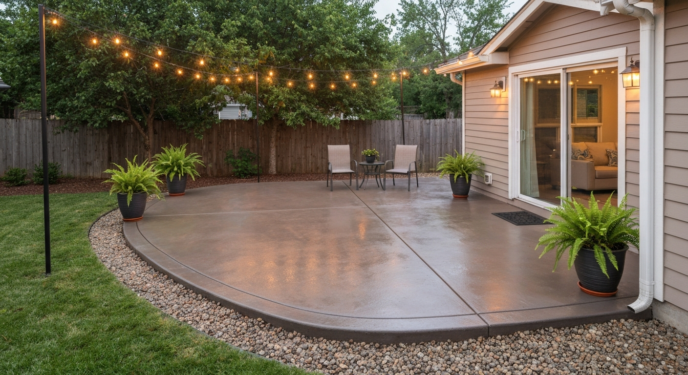 Transformed backyard patio with freshly stained concrete, seating, string lights, potted plants, and a gravel border.